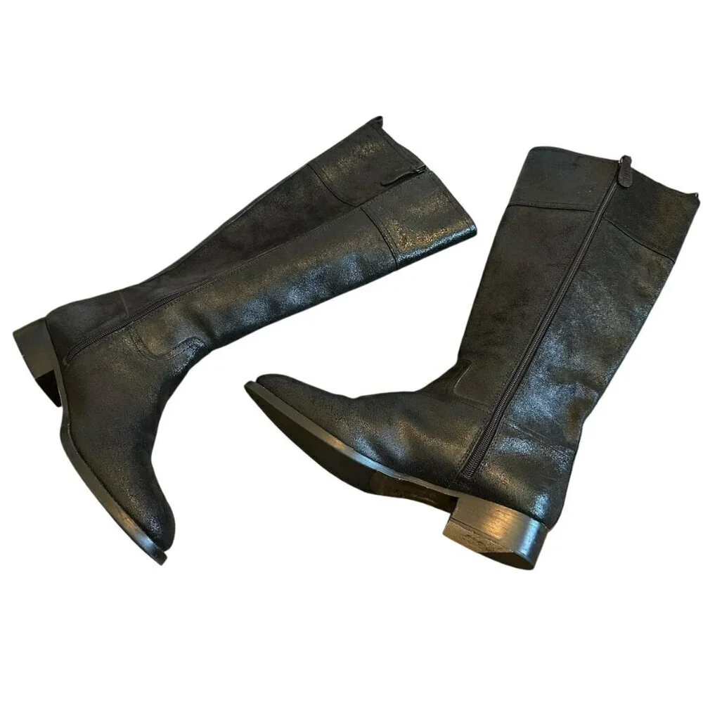 Tory Burch Kiernan Black Caviar Tumbled Leather Tall Riding Boots Size 9 Women's